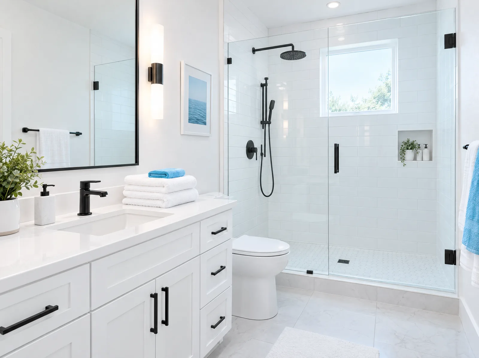 Bright white bathroom with a glass shower, black fixtures and folded towels on the vanity.