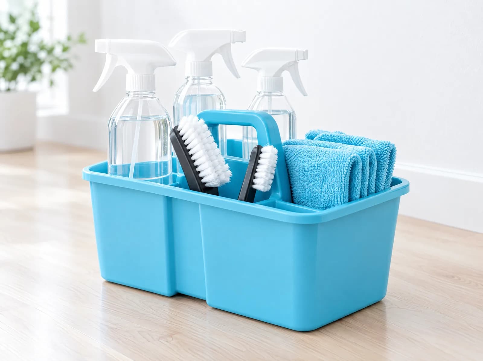 Blue cleaning caddy holding spray bottles, scrub brushes and folded blue microfiber cloths.